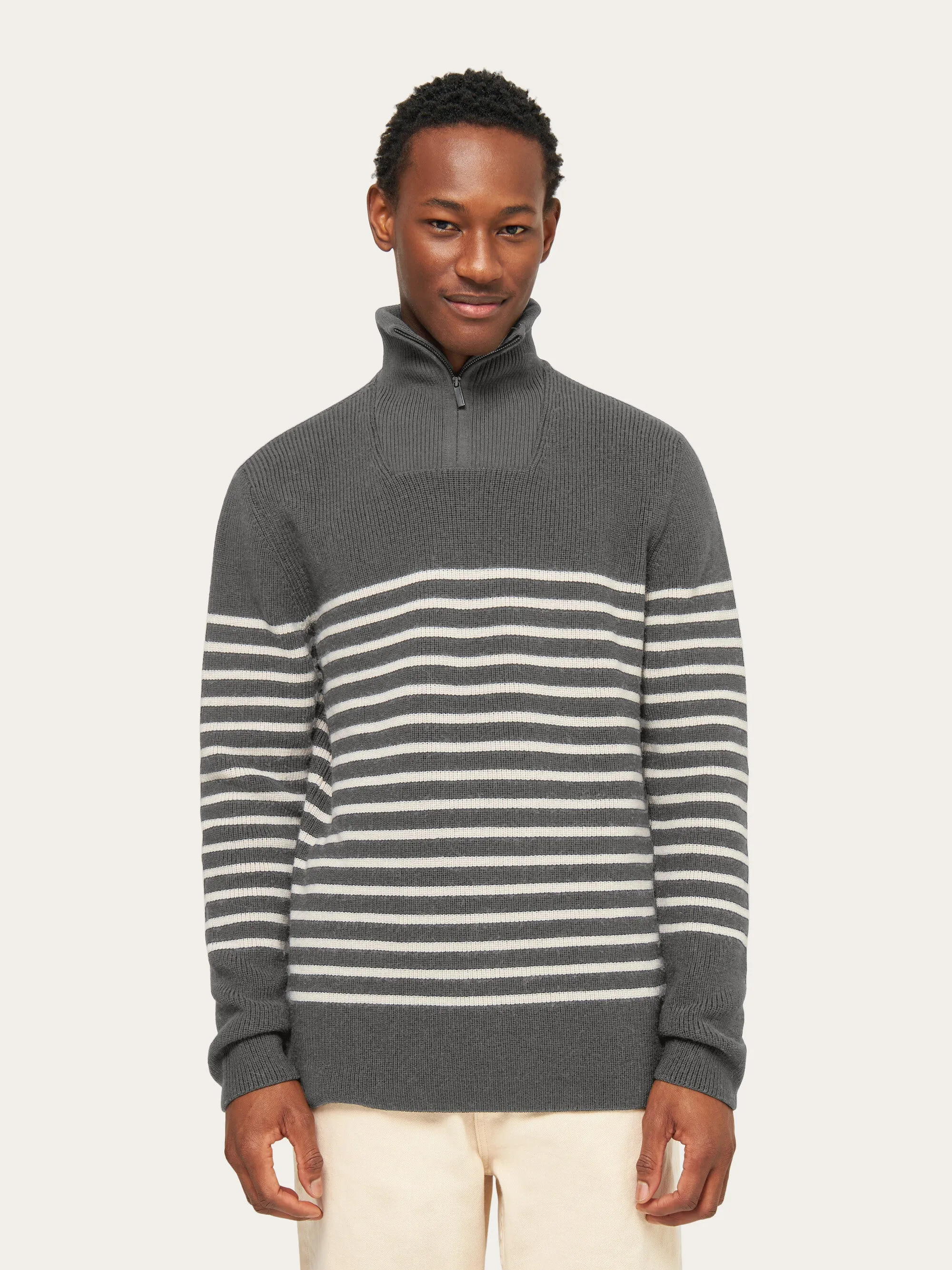 1/2 neck zip merino wool rib knit - Grey stripe