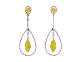 18k Gold Pink, Yellow and White Diamond Pear Shaped Drop Earrings