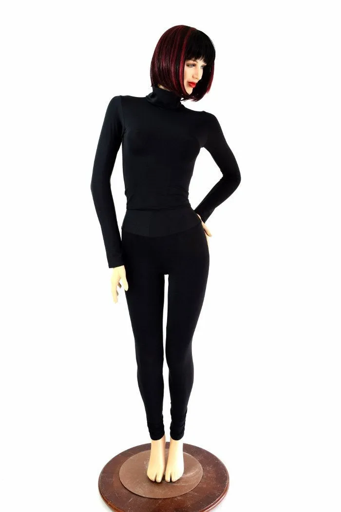 2PC Black Matte Mock Catsuit (Leggings & Crop)