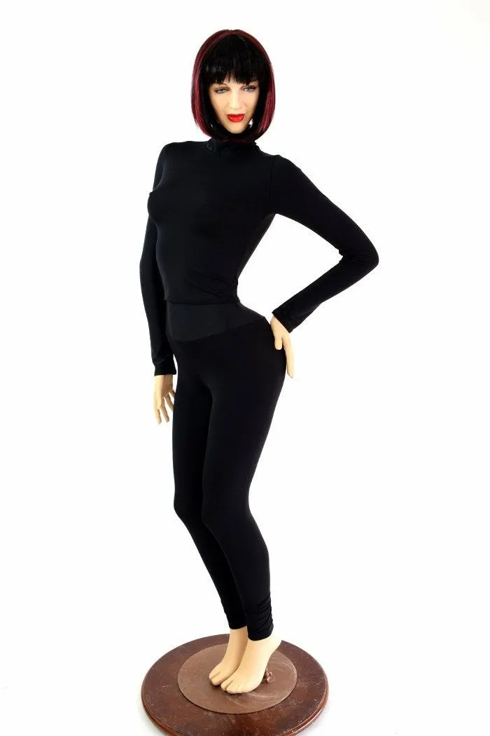 2PC Black Matte Mock Catsuit (Leggings & Crop)