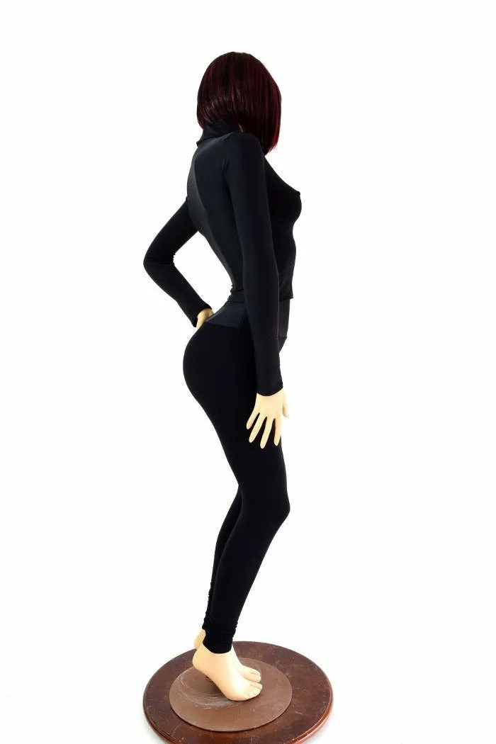 2PC Black Matte Mock Catsuit (Leggings & Crop)