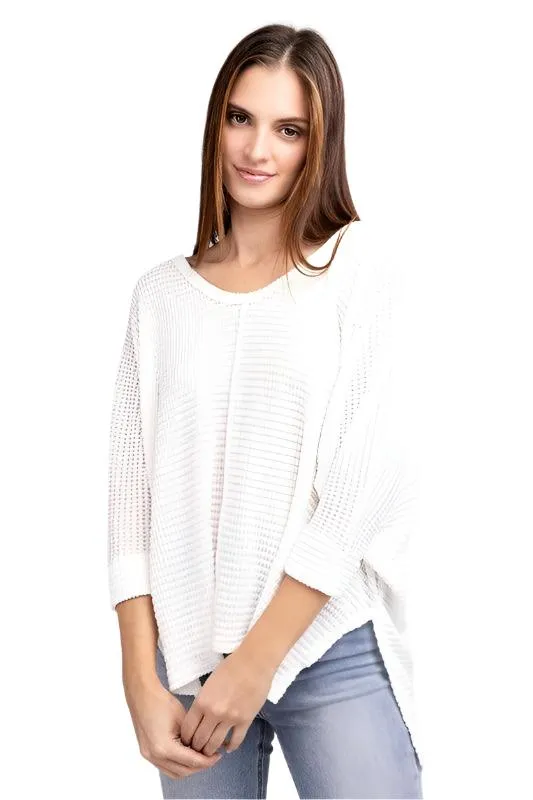 3/4 Sleeve V-Neck Hi-Low Hem Jacquard Sweater