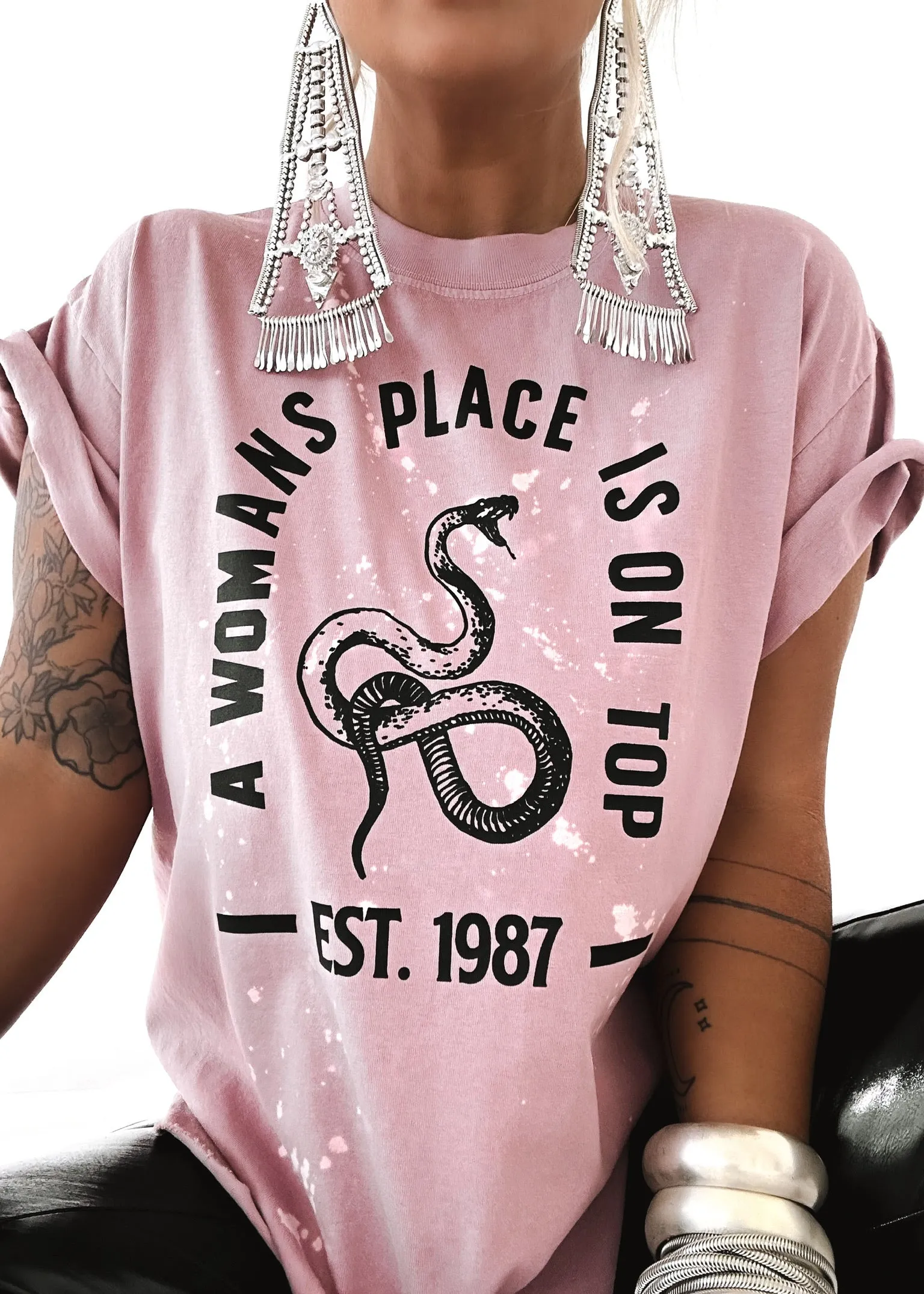 A WOMAN'S PLACE IS ON TOP BLEACHED OUT SIDE SLIT TEE