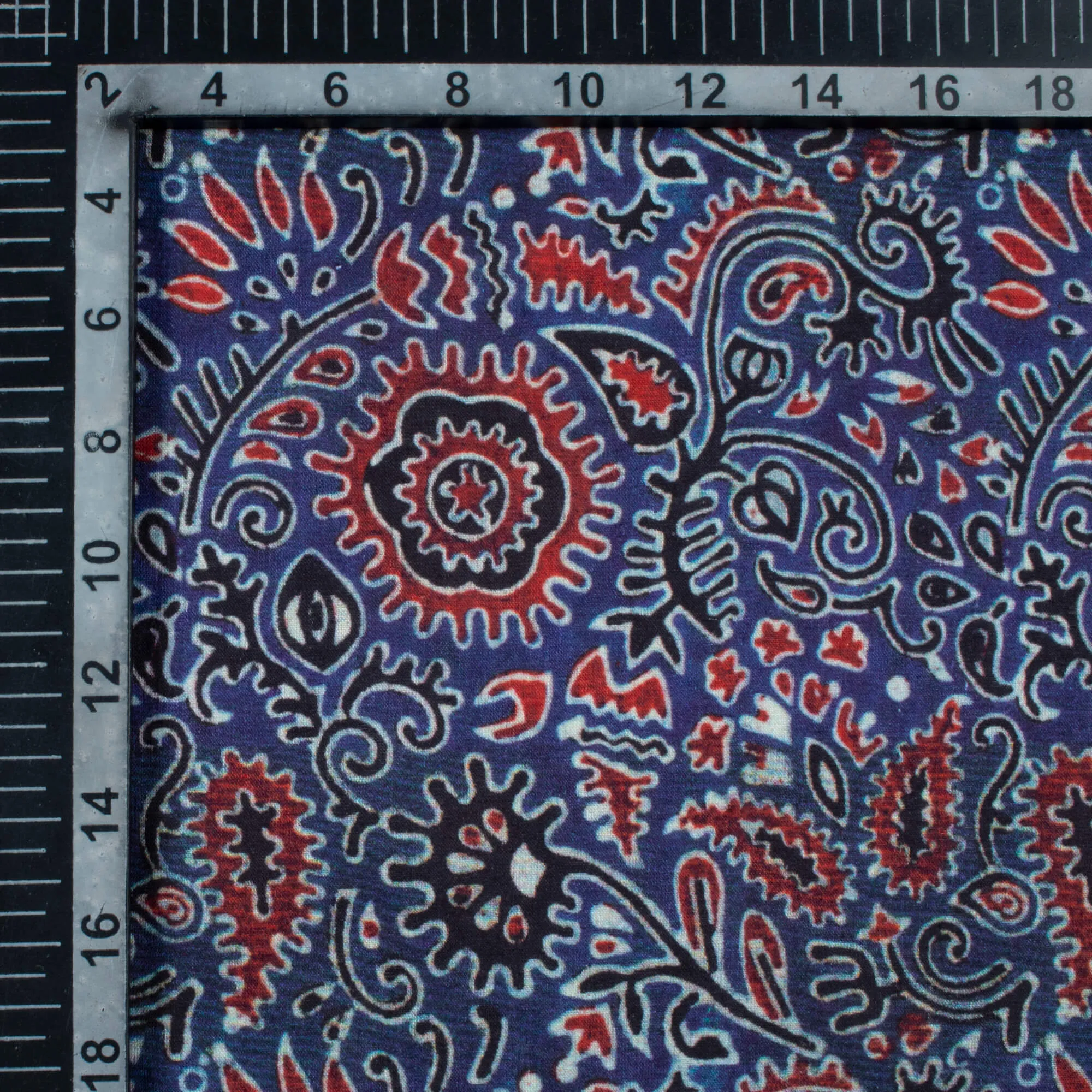 Aegean Blue And Maroon Ajrakh Pattern Digital Print Cotton Cambric Fabric