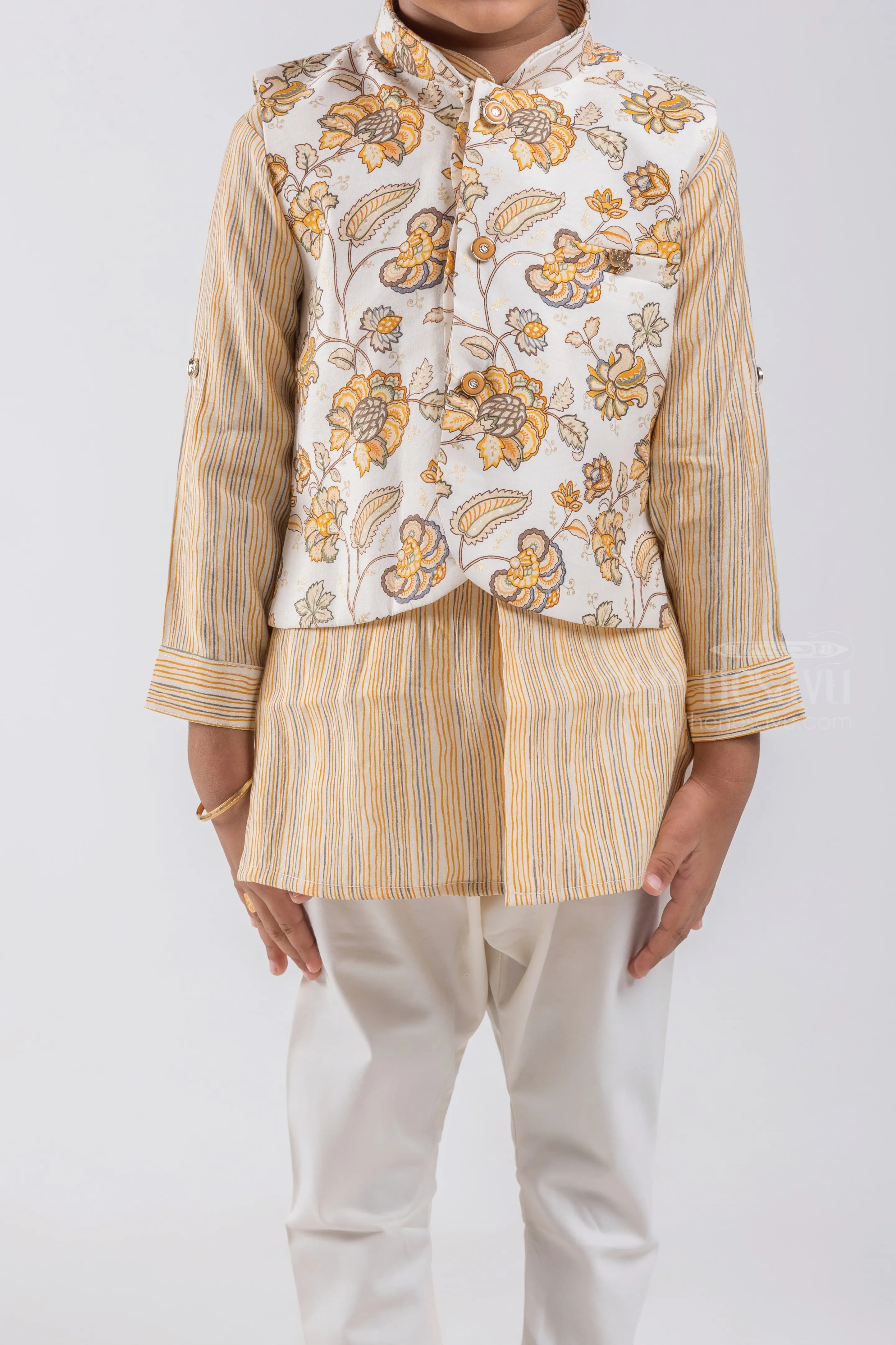 All Over Stripes Printed Yellow Kurta with White Pant and Floral Printed Overcoat For Boys