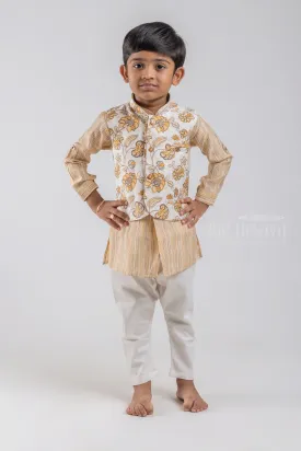 All Over Stripes Printed Yellow Kurta with White Pant and Floral Printed Overcoat For Boys