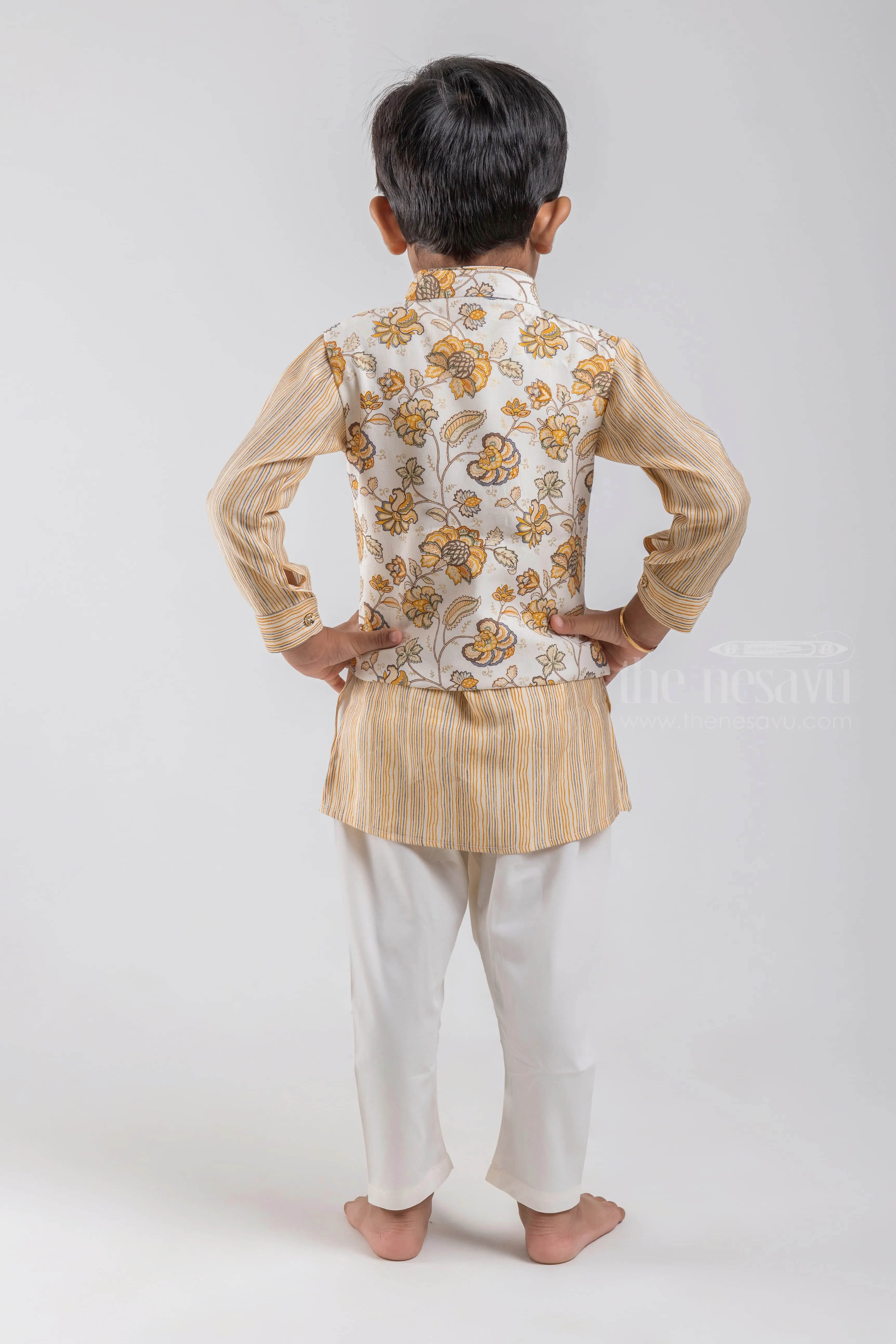 All Over Stripes Printed Yellow Kurta with White Pant and Floral Printed Overcoat For Boys