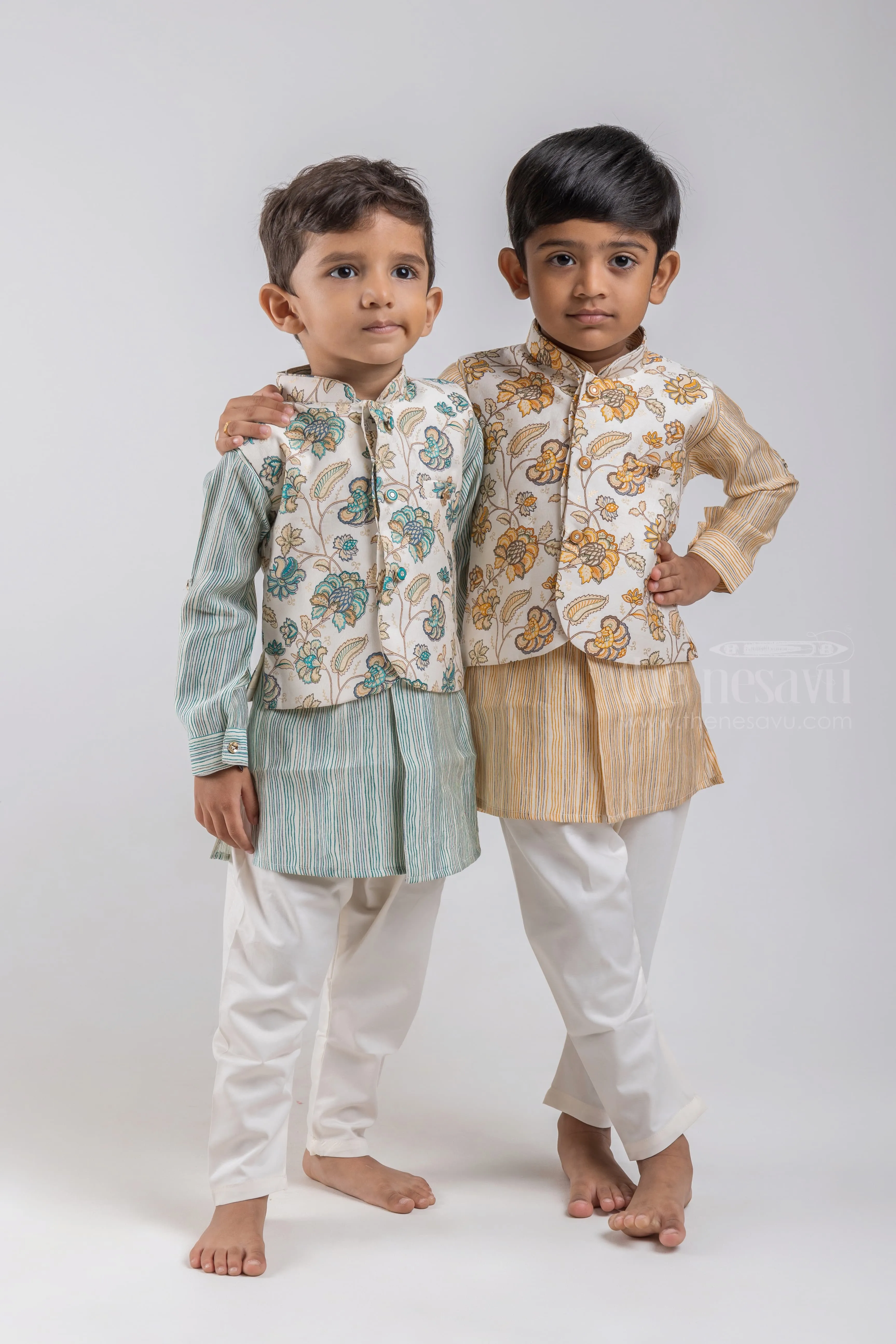 All Over Stripes Printed Yellow Kurta with White Pant and Floral Printed Overcoat For Boys