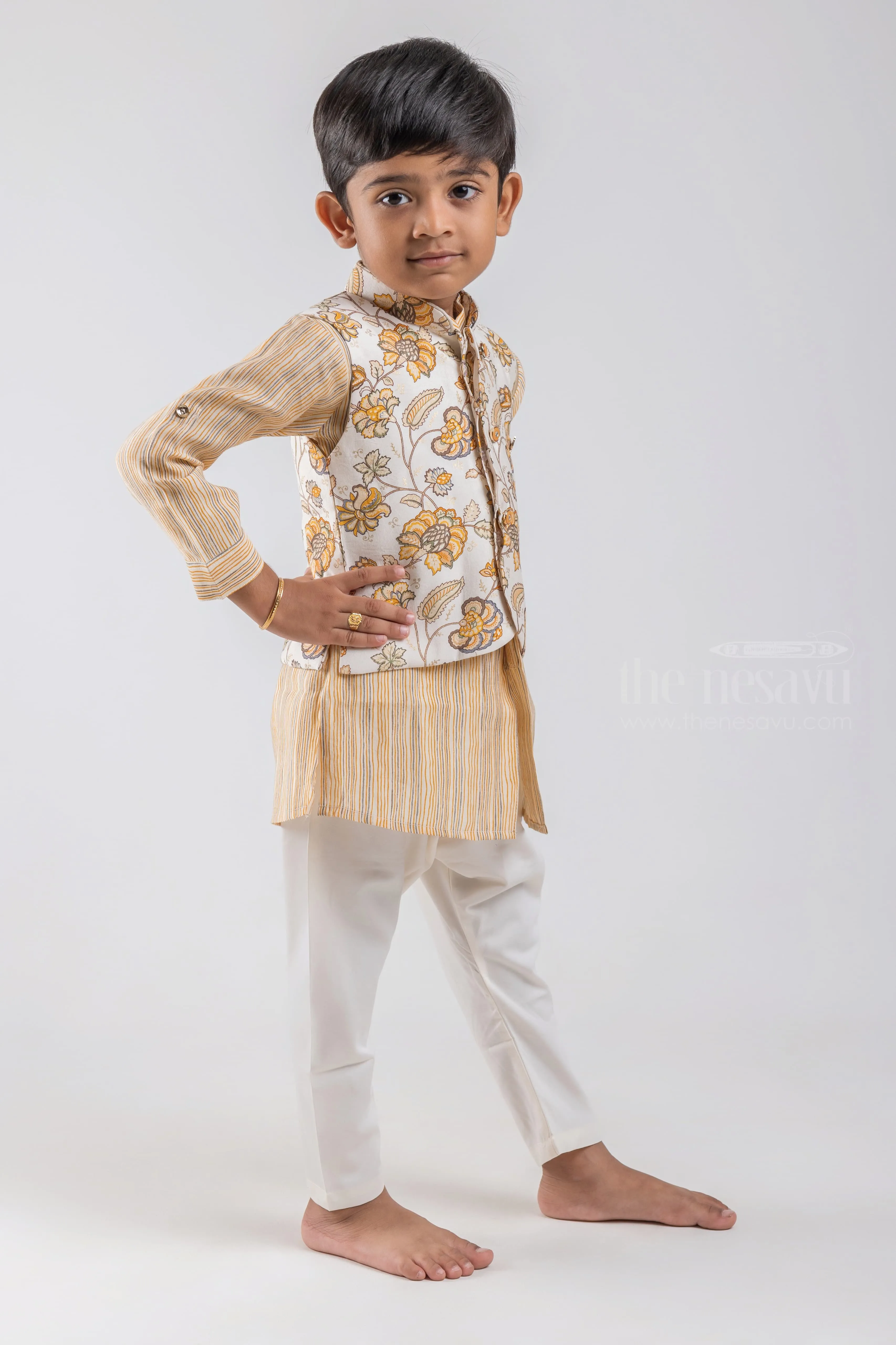 All Over Stripes Printed Yellow Kurta with White Pant and Floral Printed Overcoat For Boys