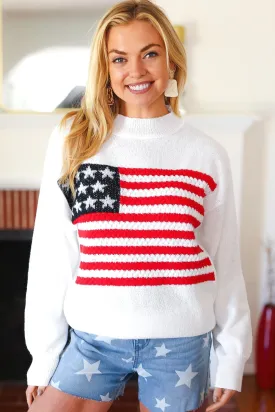 American Flag White Crochet Oversized Knit Sweater