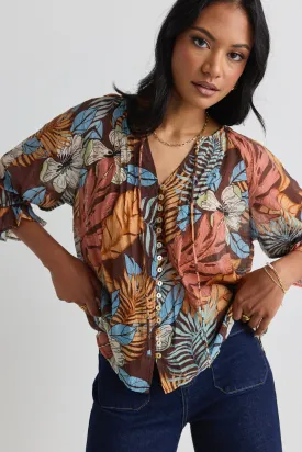 Antic Tropical Chocolate Print Pintuck Front Short Sleeve Top