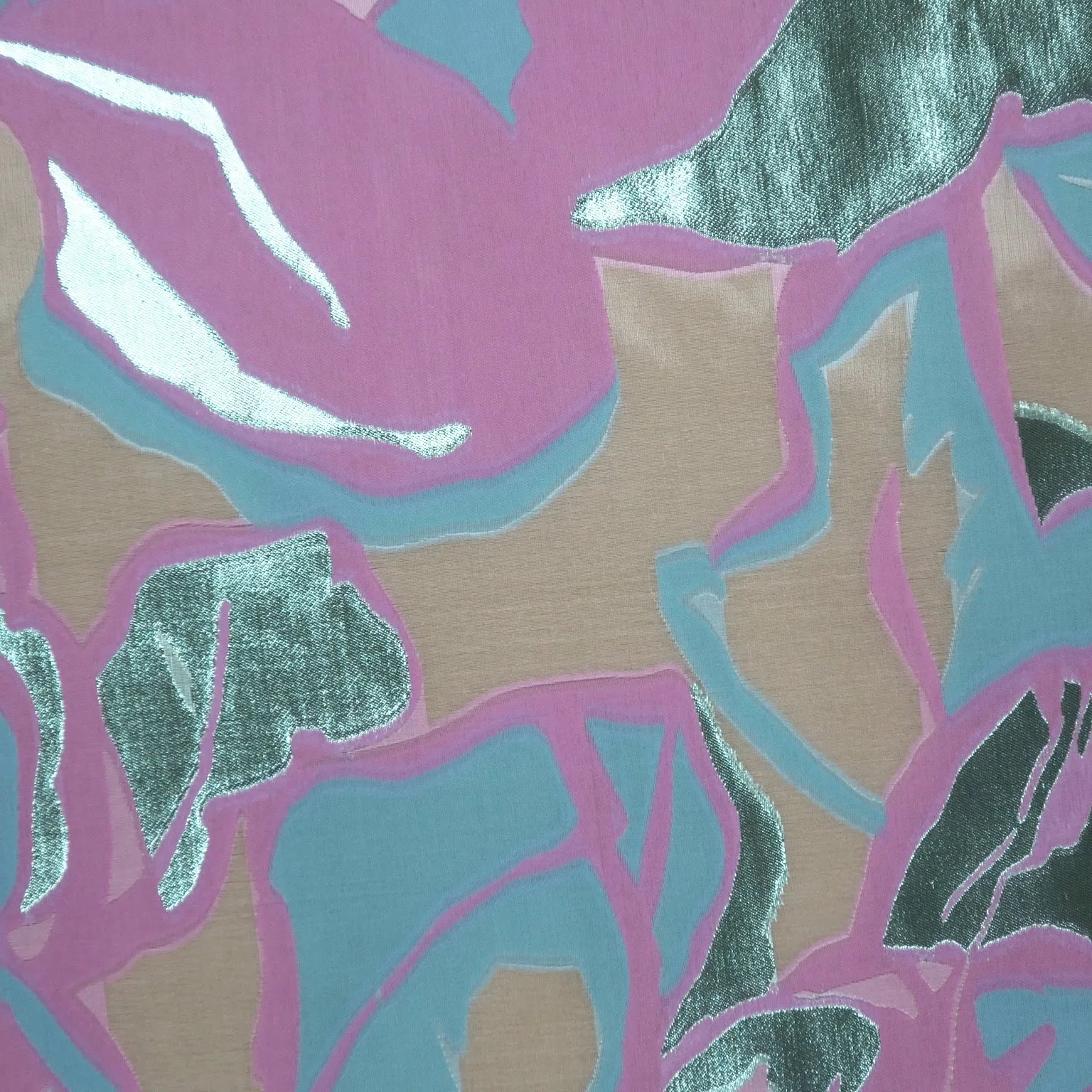 Aqua and Fuchsia Abstract Floral with Lurex Printed Silk Organza Fabric