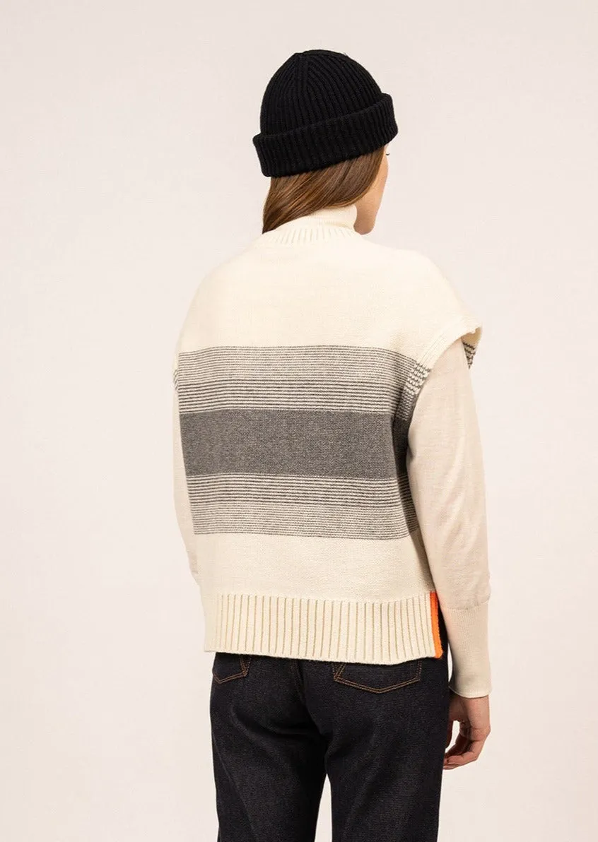 ARUDY - Sleevless Structured Knit Sweater | 100% Wool (IVORY / GREY / NEON ORANGE)