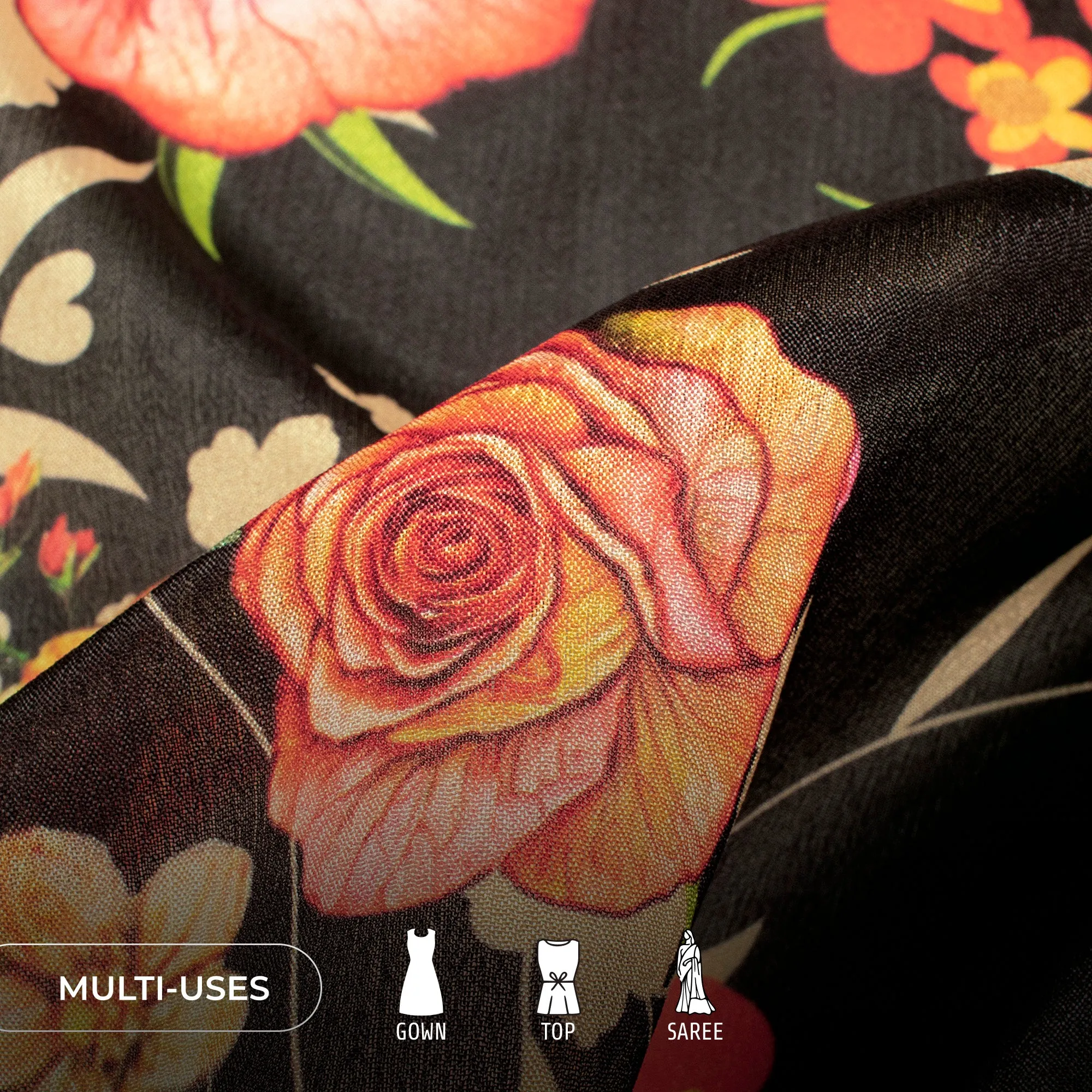 Attractive Black And Red Floral Digital Print Chinnon Chiffon Fabric