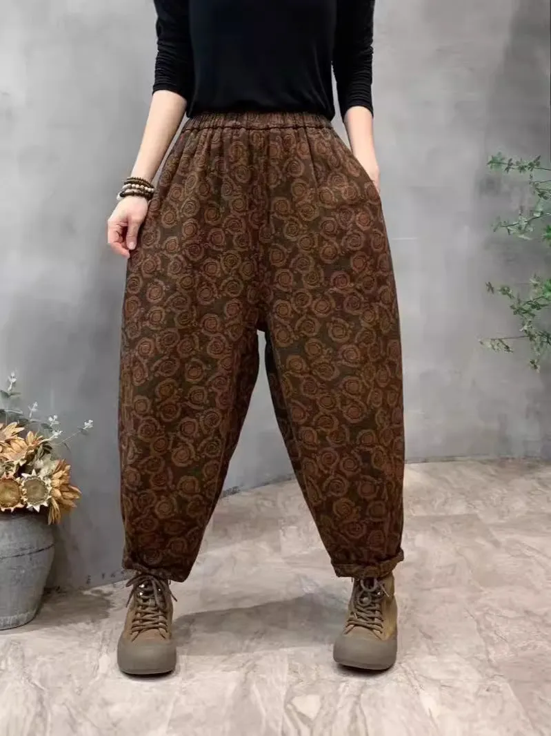 Babakud Women Autumn Retro Printed Cotton Floral Casual Harem Pants