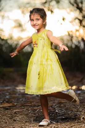 Baby Cotton Frock in Green with Bird Embroidery and Floral Detailing for Girls