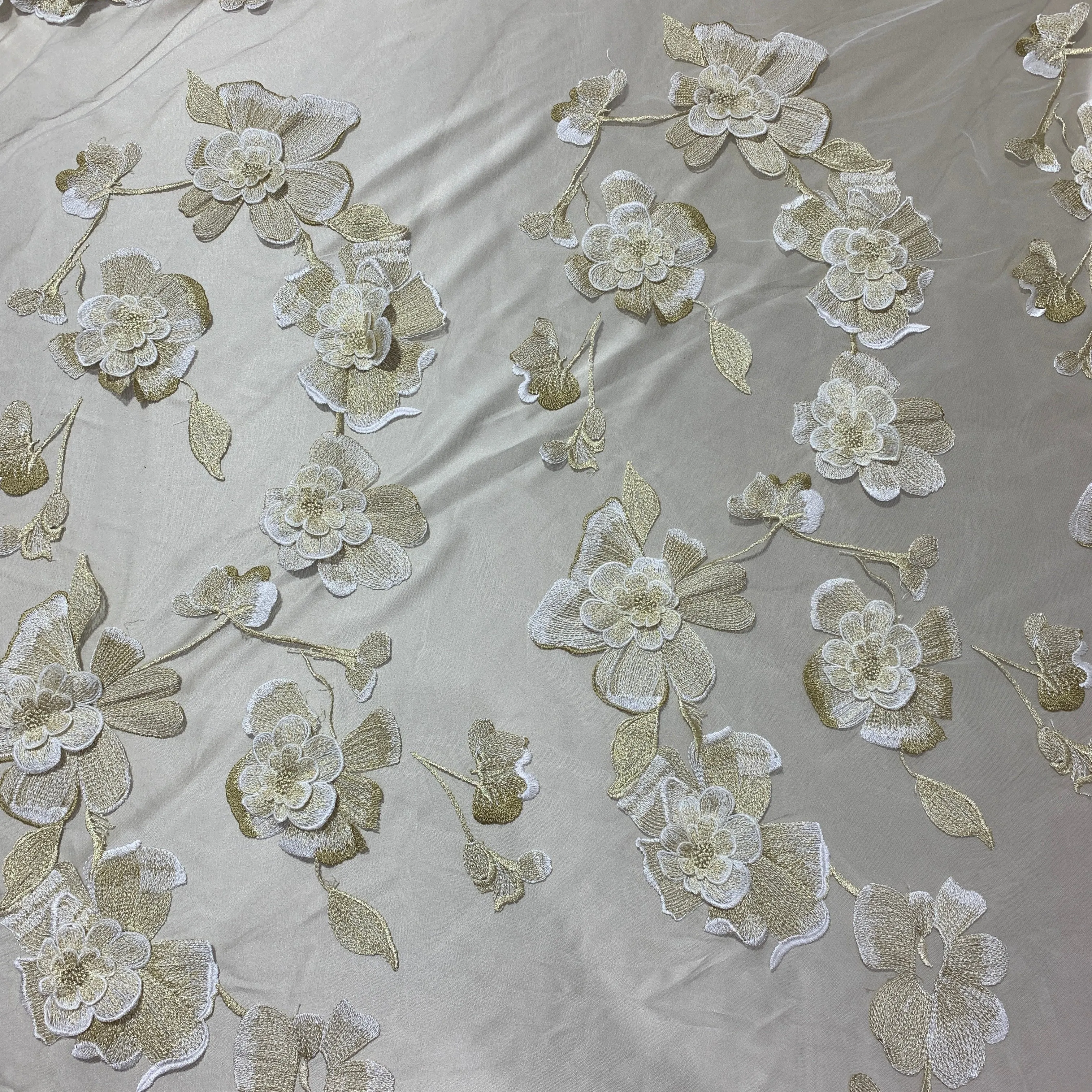 Beige and White Floral Tulle Embroidered Fabric