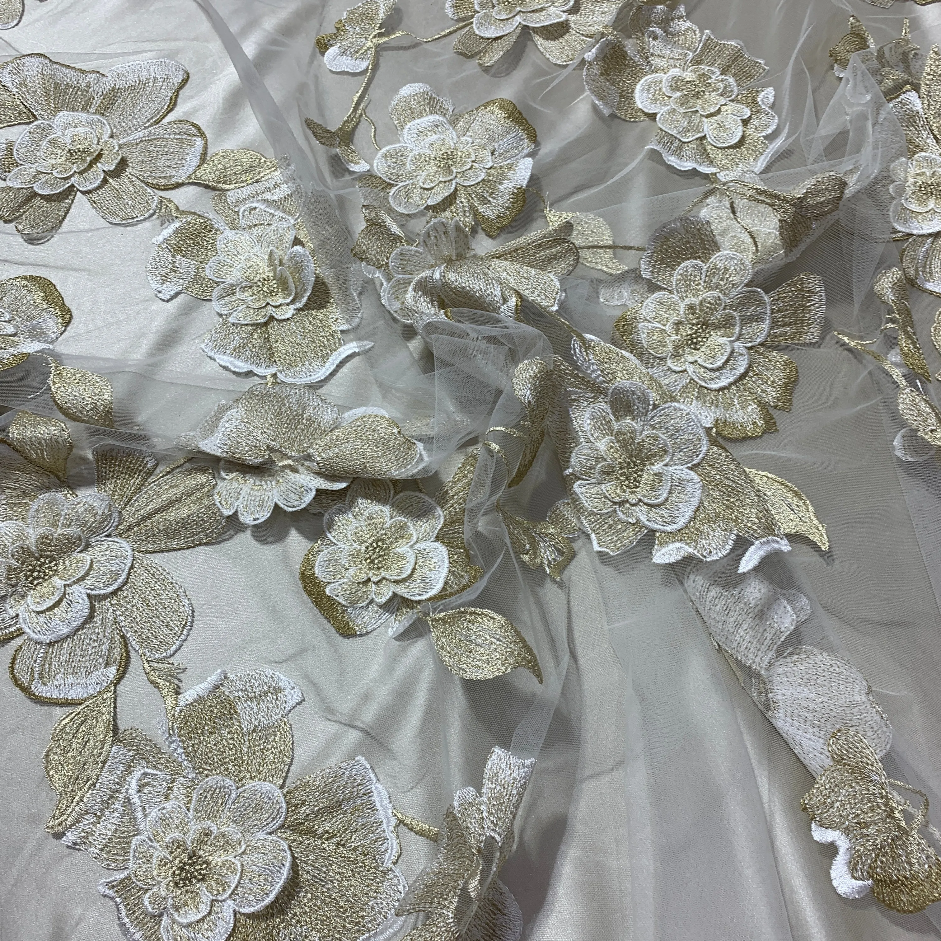 Beige and White Floral Tulle Embroidered Fabric