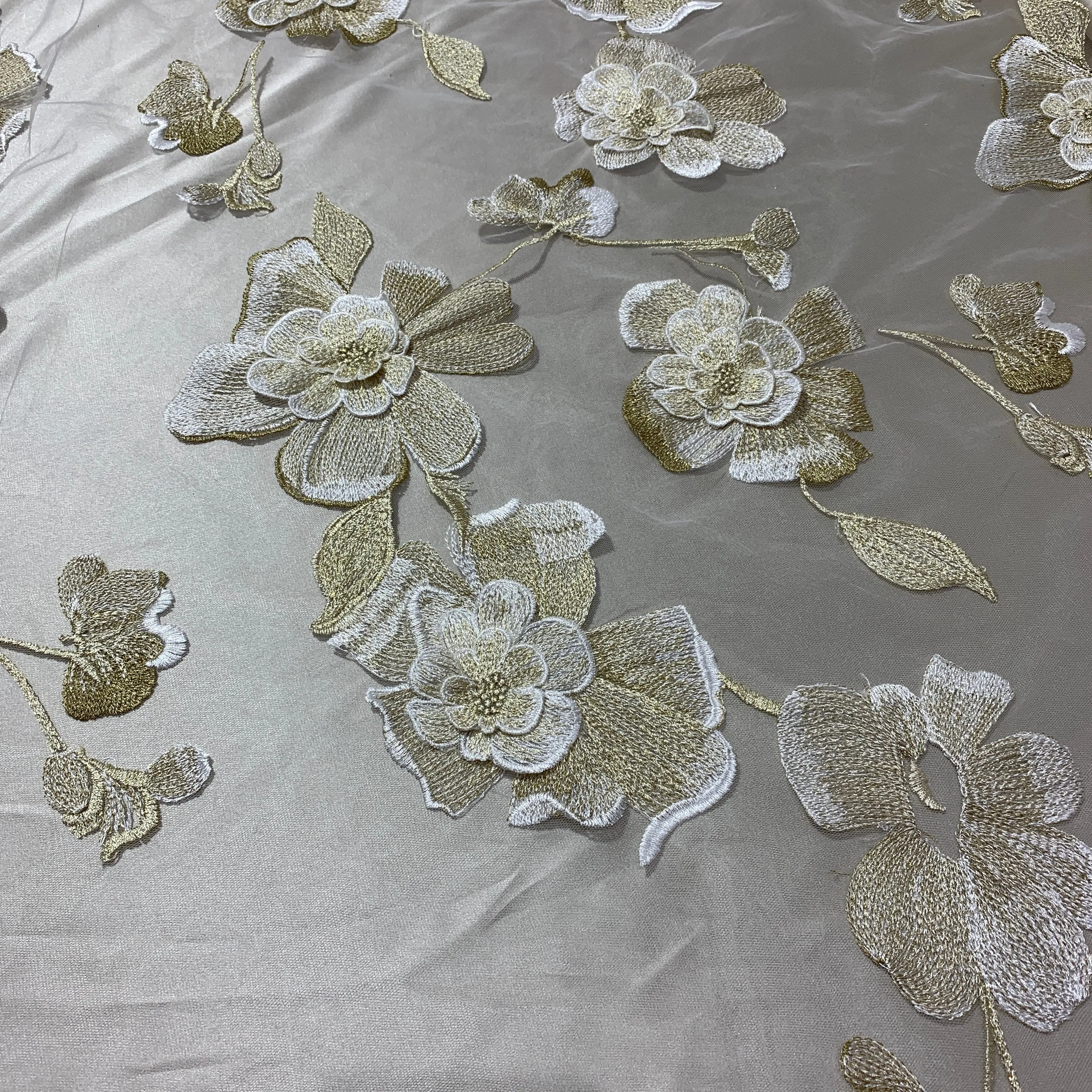 Beige and White Floral Tulle Embroidered Fabric