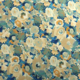 Beige with Blue Floral Polyester Georgette Gala Fabric