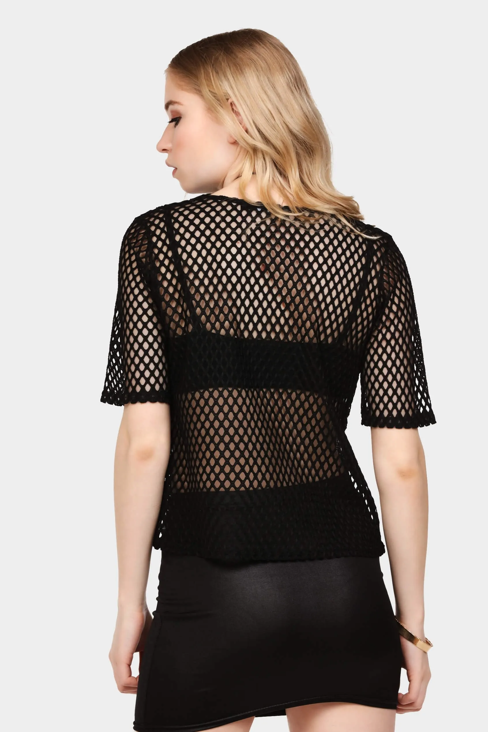 Black Embroidered Fish Net Short Sleeve Top