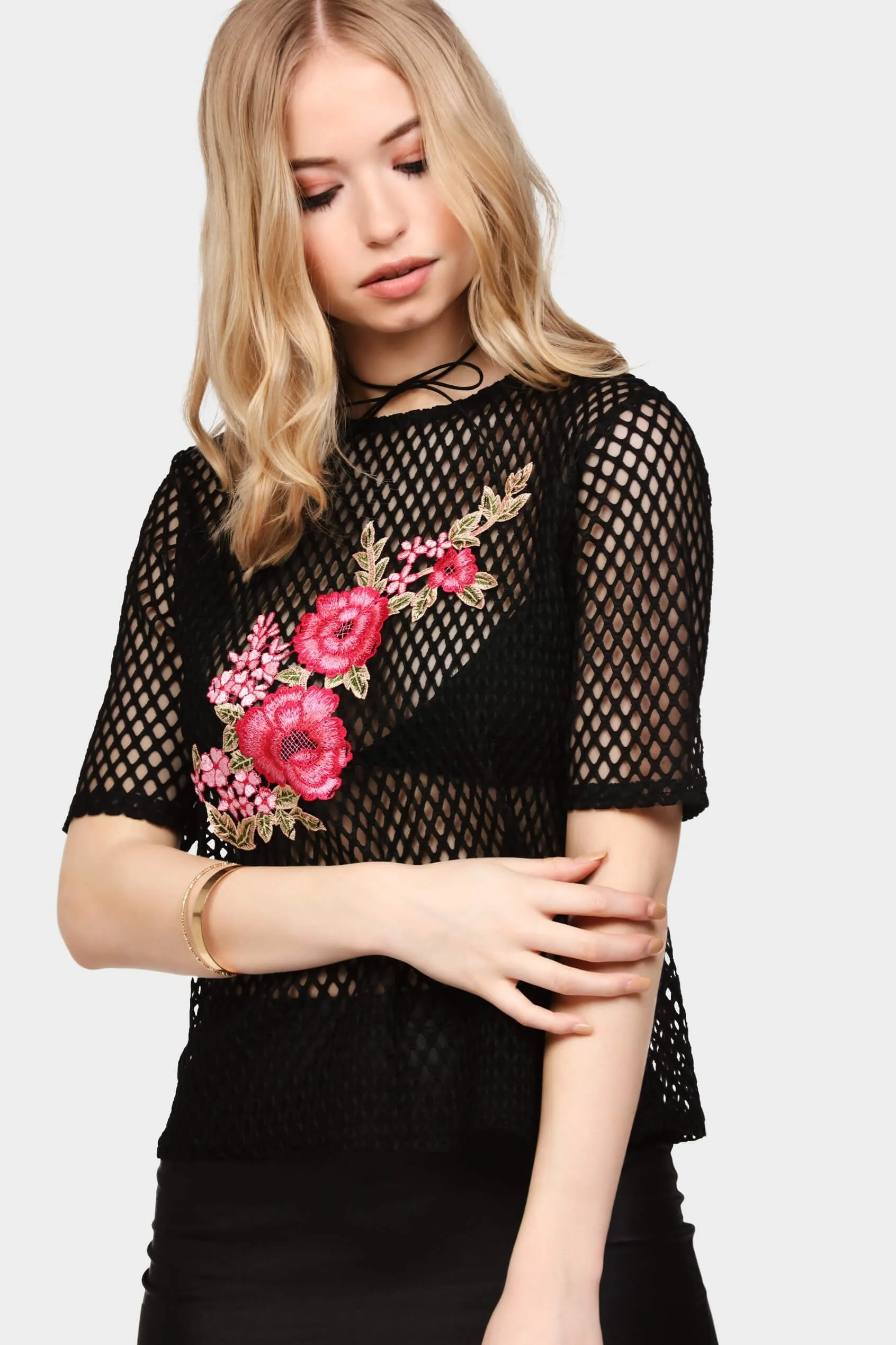 Black Embroidered Fish Net Short Sleeve Top