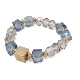 Blue Glass Beaded Stretch Bracelet with Gold Tone Cube