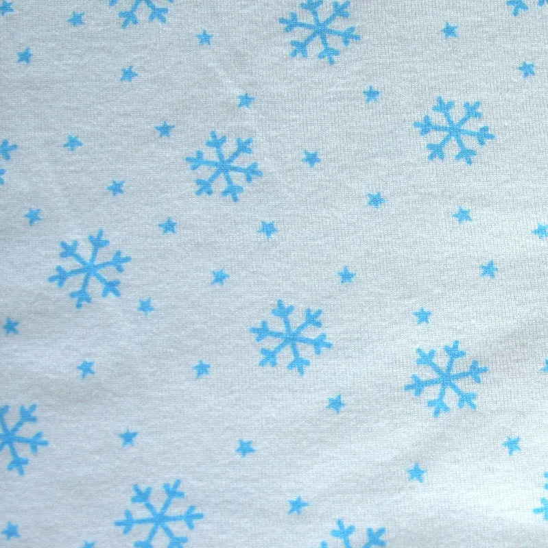 Blue Snowflakes on White Cotton Knit Fabric