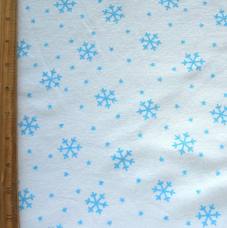 Blue Snowflakes on White Cotton Knit Fabric