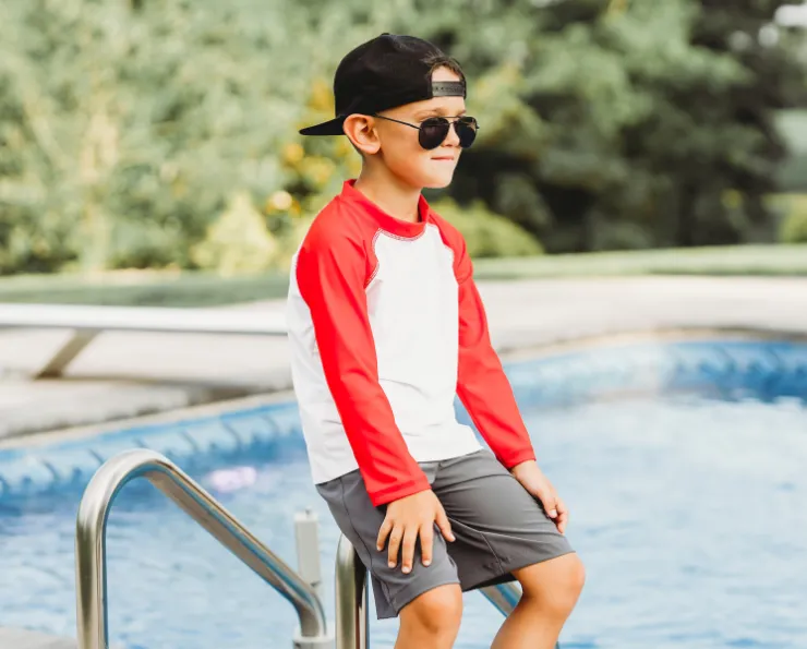 Boys UPF 50  Color Block Solid Long Sleeve Rashguard | White with Red