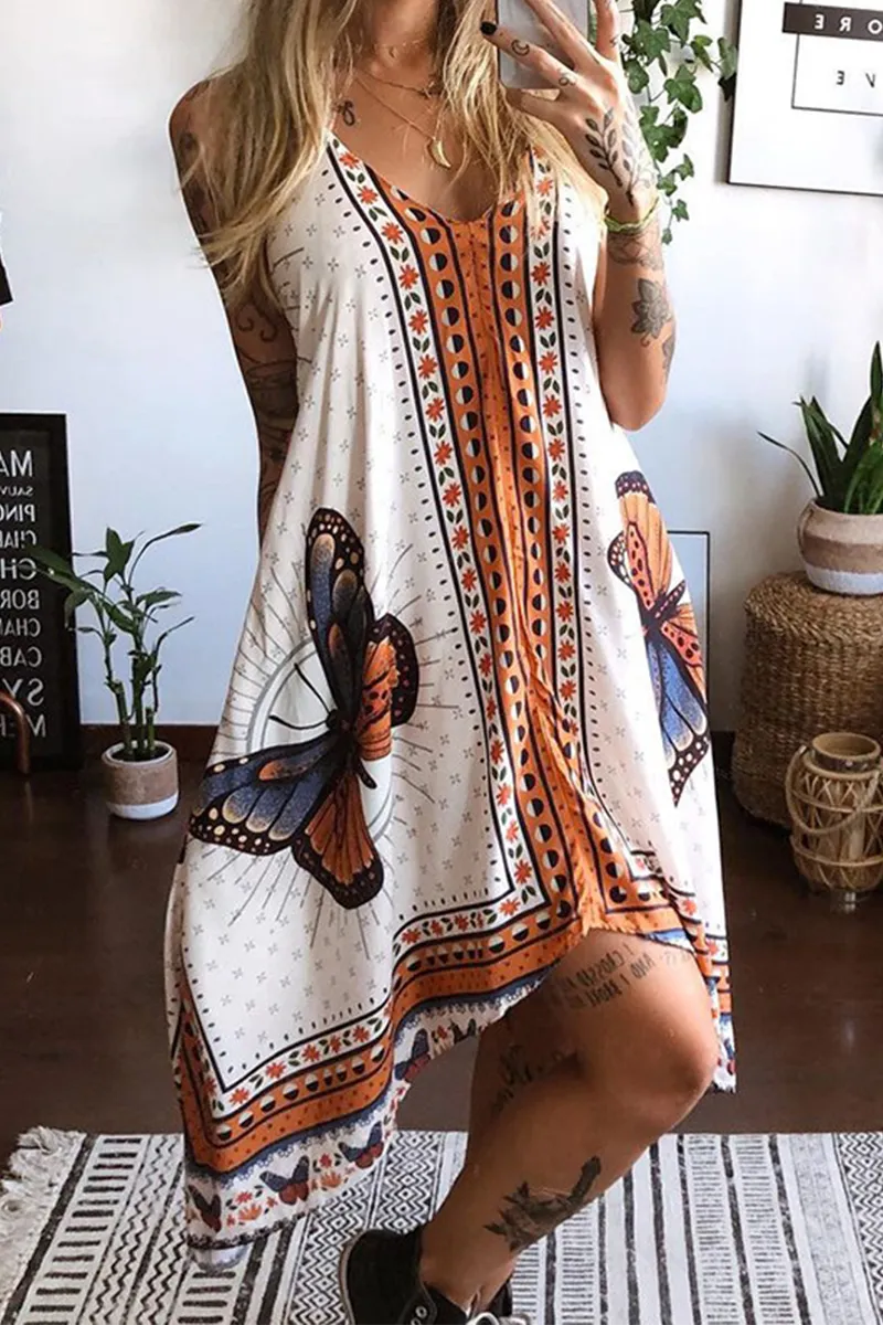 Casual Print Butterfly Backless V Neck Irregular Dresses