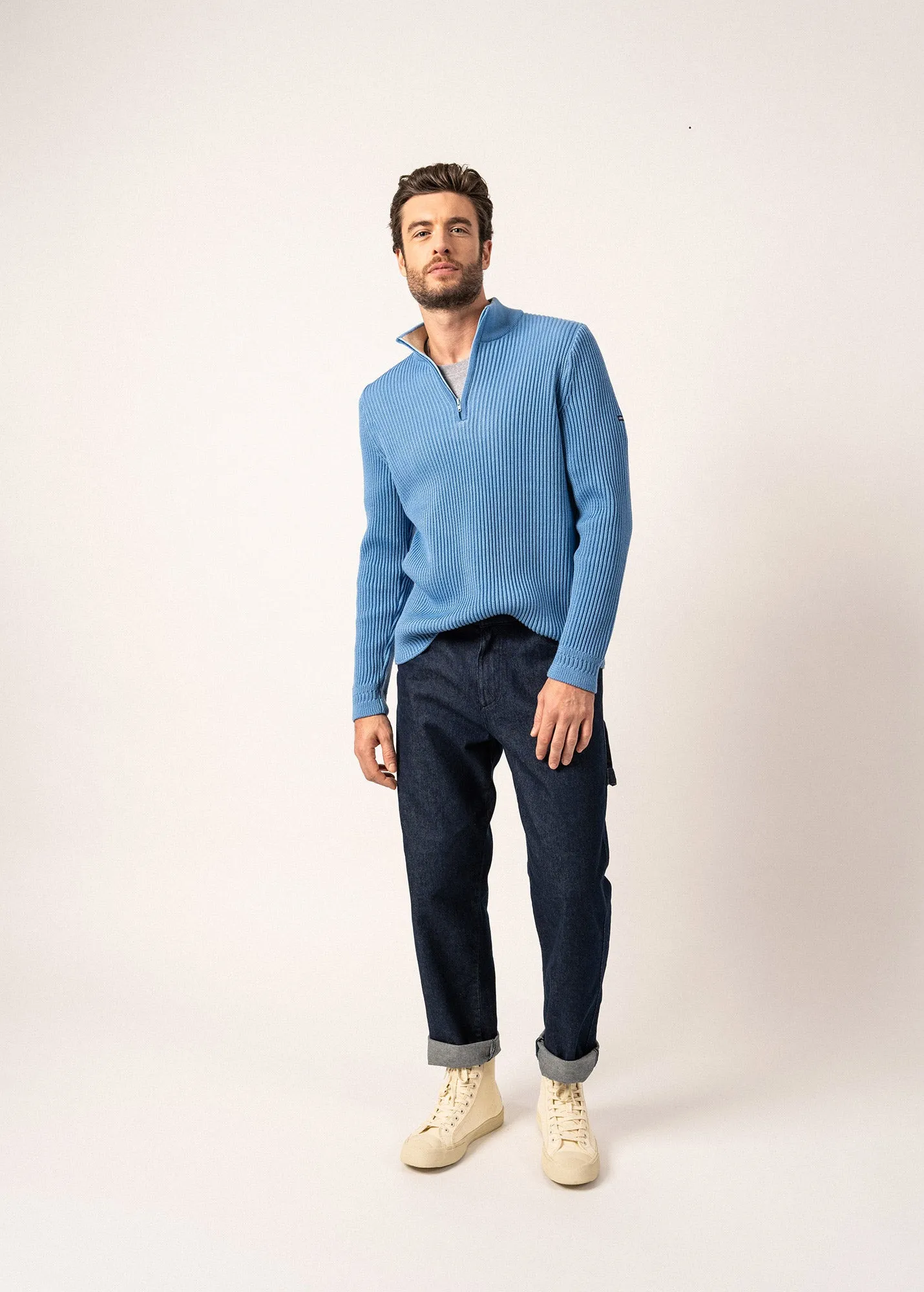 CHAMROUSSE - Quarter Zip Richelieu Rib Stitch Sweater for Men | 100% Wool (OXYGEN BLUE / BEIGE)