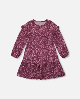 Dress With Frills Burgundy Printed Little Flowers