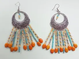 Egyptian Style Blue Orange Bead Silver Earrings