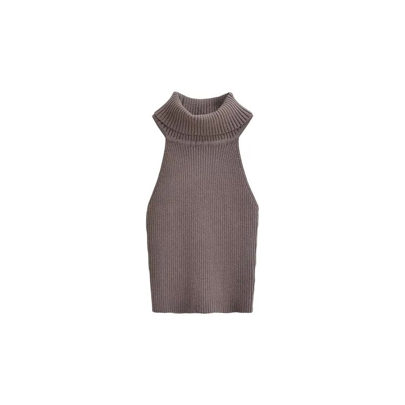 Elle Solid Color Ribbed Sleeveless Turtleneck Slim Top