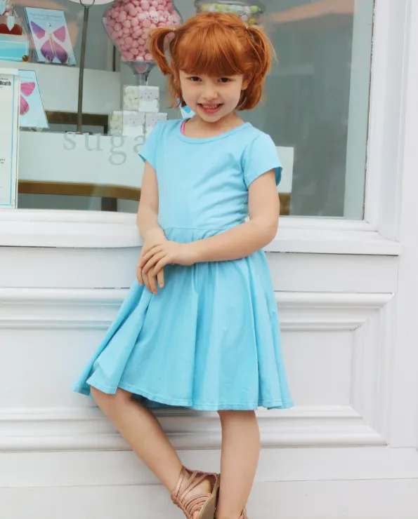 Girls Soft Cotton Jersey Short Sleeve Twirly Dress | Turquoise