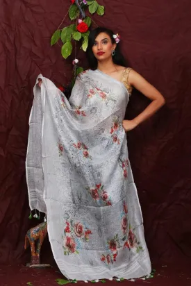 Grey Floral Digital Printed Linen Women Dupatta