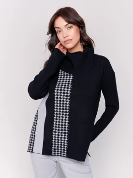 Houndstooth Stripe Cowl Neck Sweater - Black