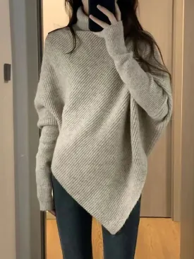 Irregular Turtleneck Sweater in Solid Color - Long Sleeves and Loose Fit