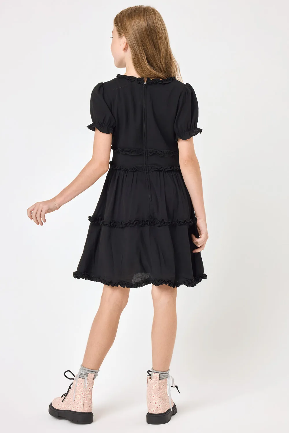 Kids Black V Neck Ruffle Trim Dress