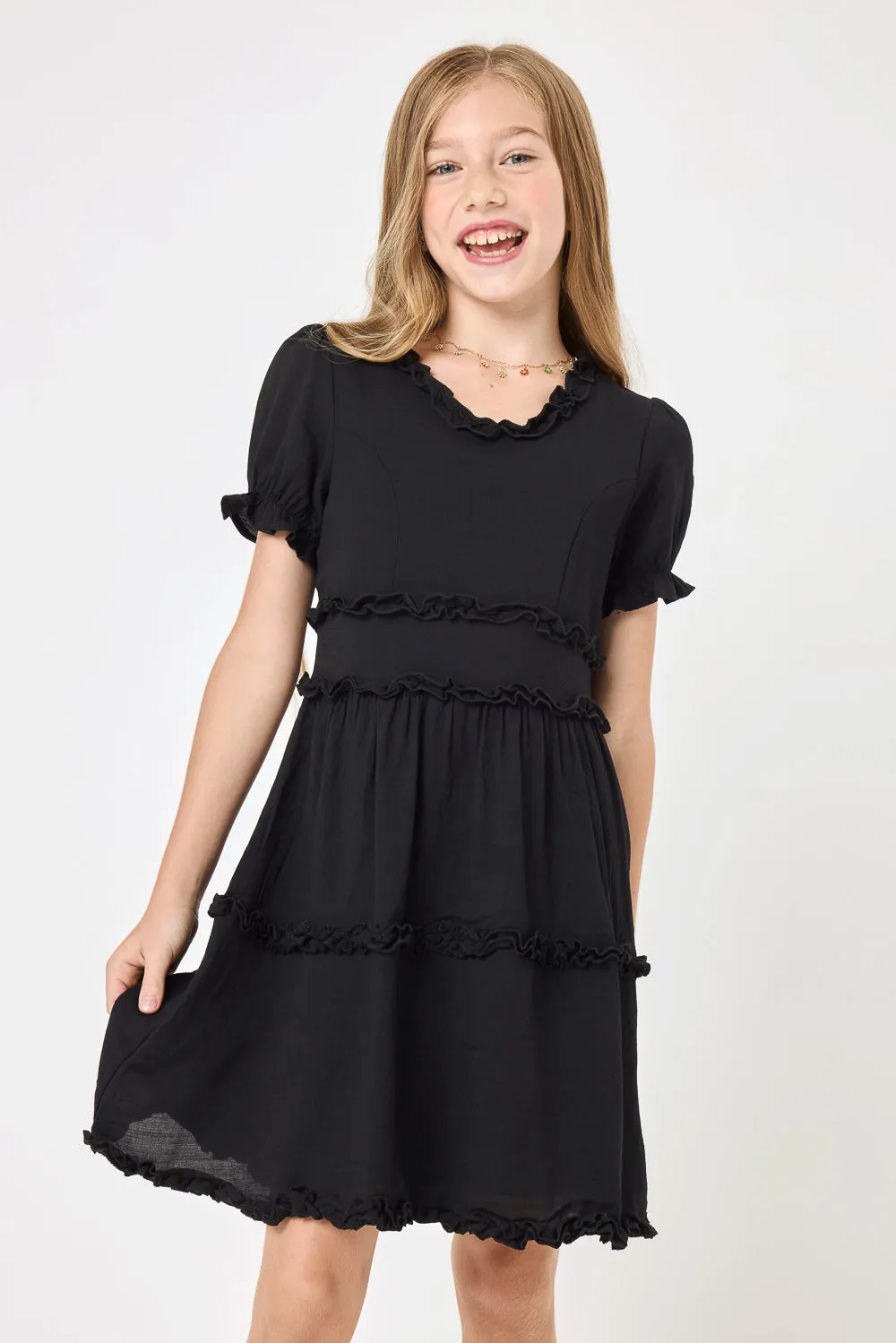 Kids Black V Neck Ruffle Trim Dress