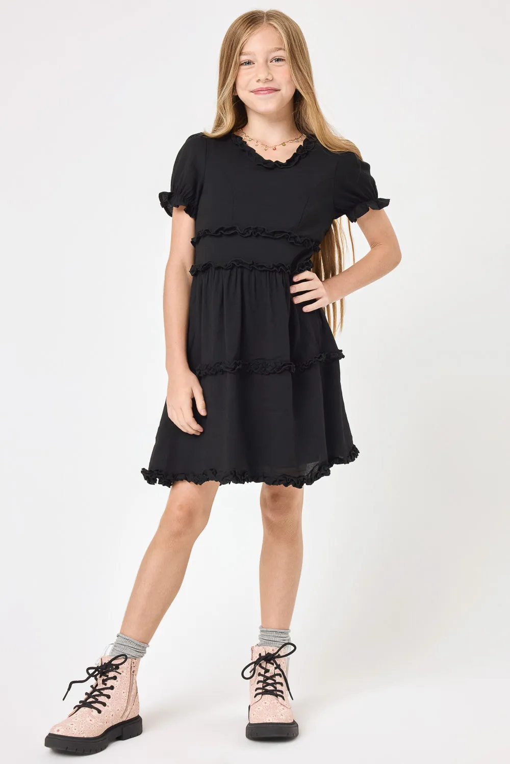 Kids Black V Neck Ruffle Trim Dress