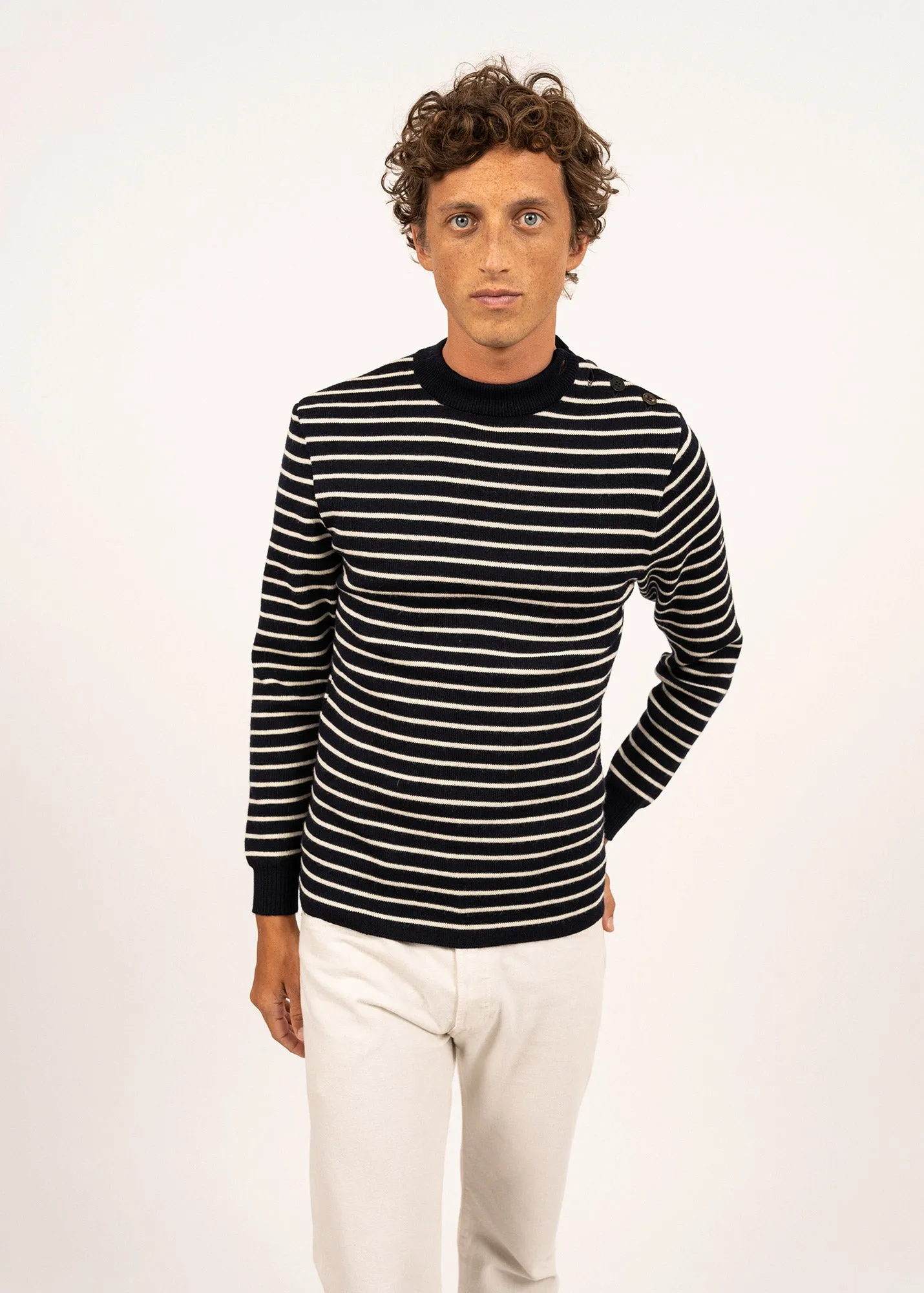 Slim Fit Authentic Wool Fisherman Sweater with Button Shoulder - Navy/Ecru Stripes | MATELOT