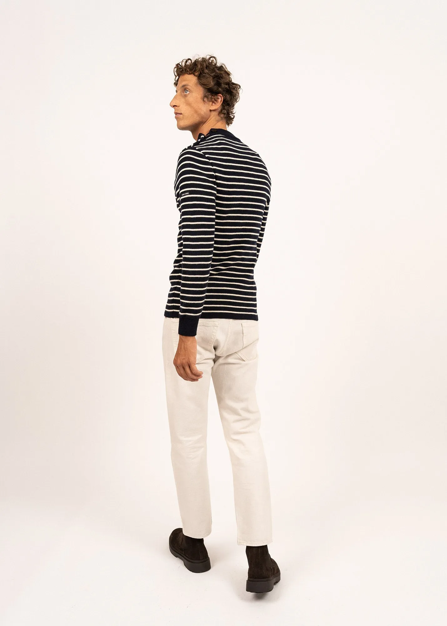 Slim Fit Authentic Wool Fisherman Sweater with Button Shoulder - Navy/Ecru Stripes | MATELOT