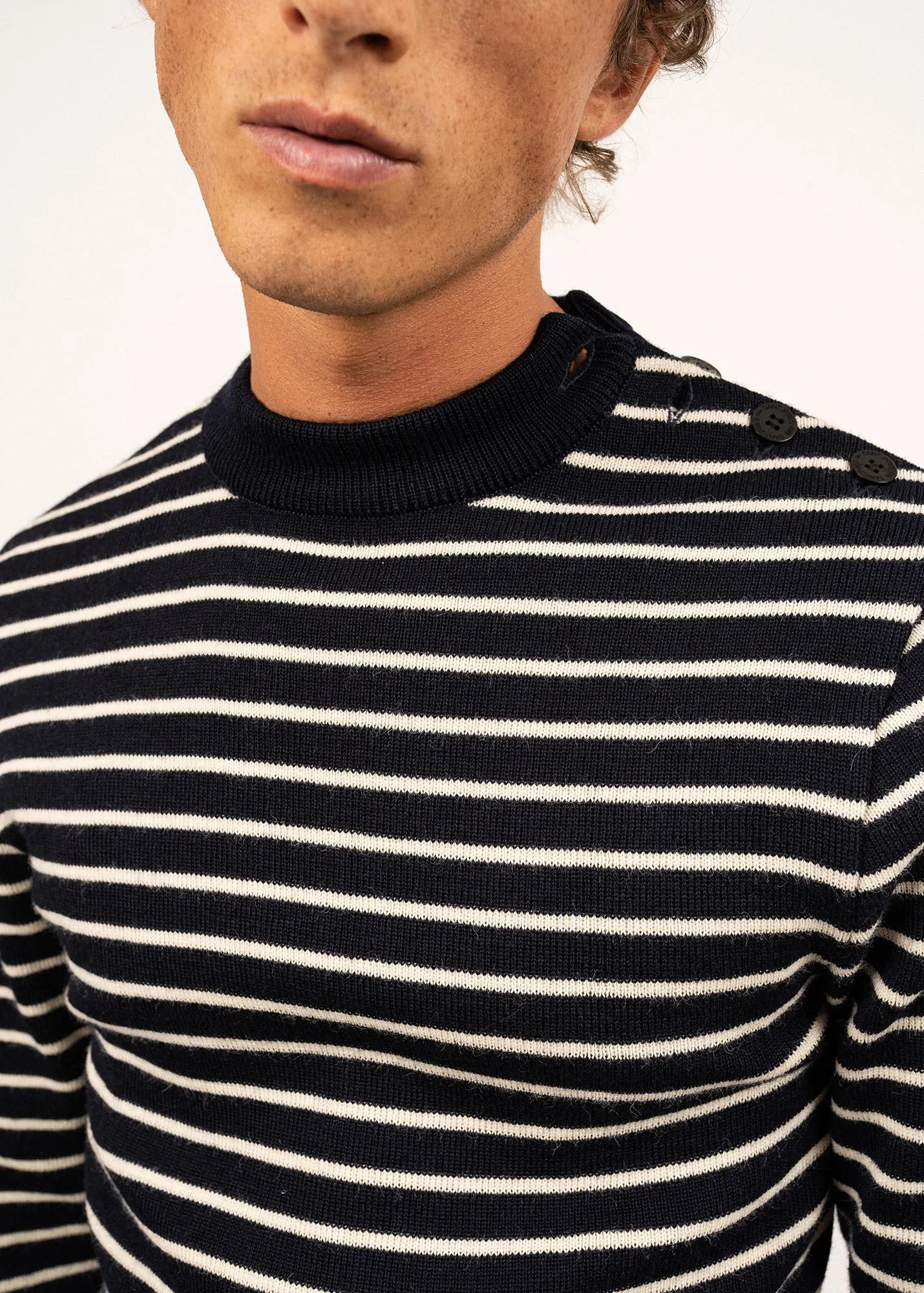 Slim Fit Authentic Wool Fisherman Sweater with Button Shoulder - Navy/Ecru Stripes | MATELOT