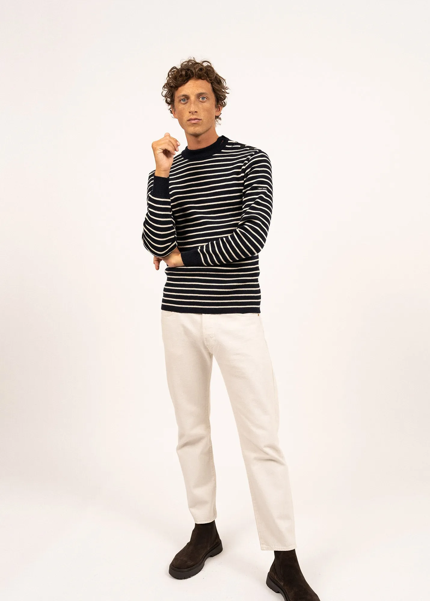 Slim Fit Authentic Wool Fisherman Sweater with Button Shoulder - Navy/Ecru Stripes | MATELOT