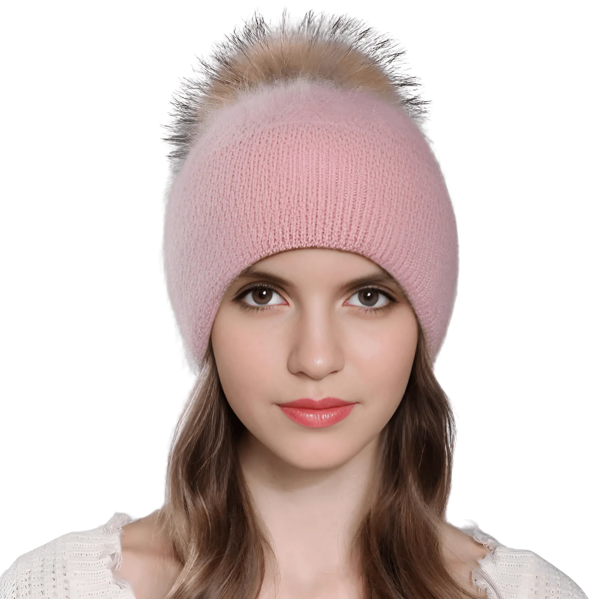 Natural Raccoon Fur Pompom Rabbit Fur Women's Angora Fur Hat Bonnet Women's Winter Hats