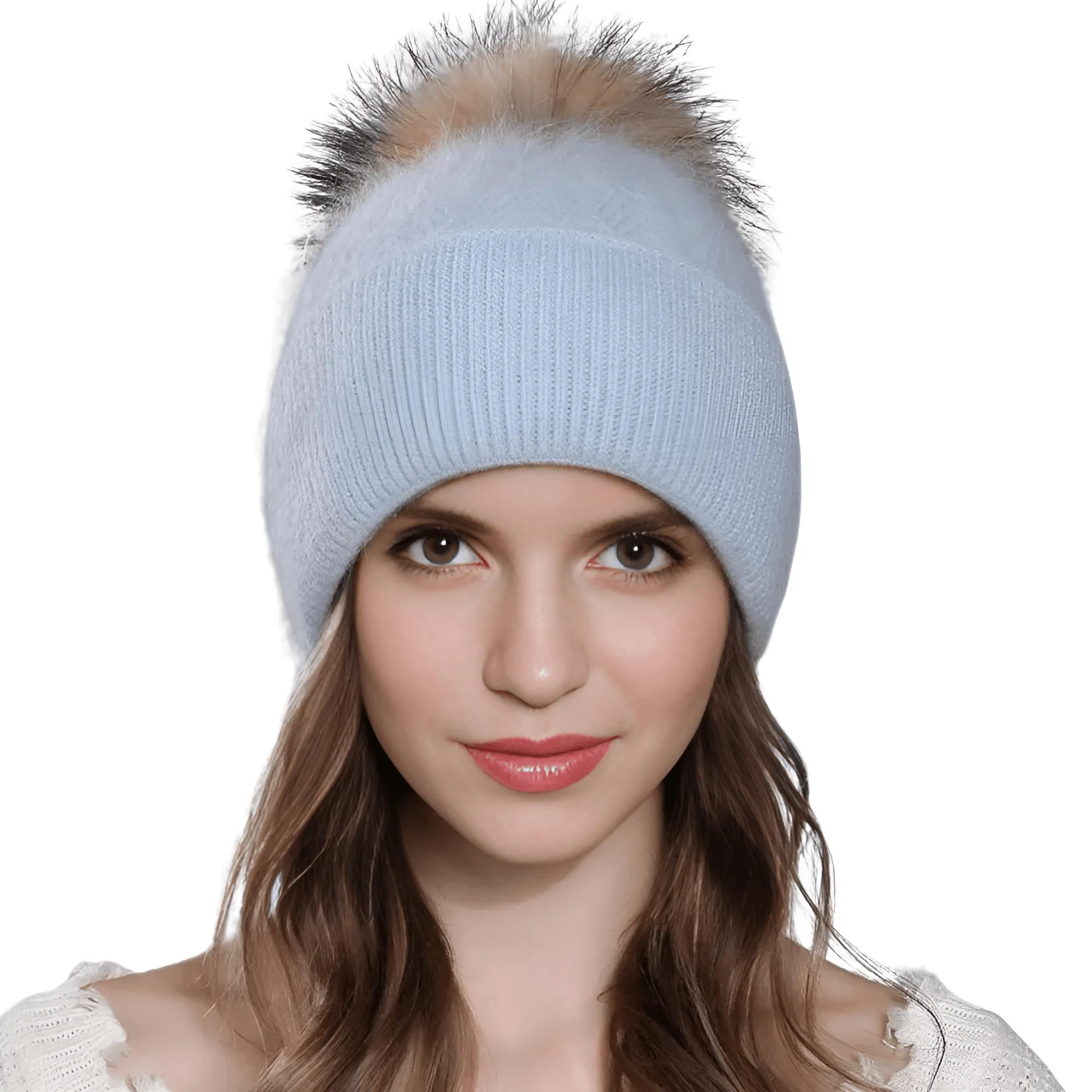 Natural Raccoon Fur Pompom Rabbit Fur Women's Angora Fur Hat Bonnet Women's Winter Hats