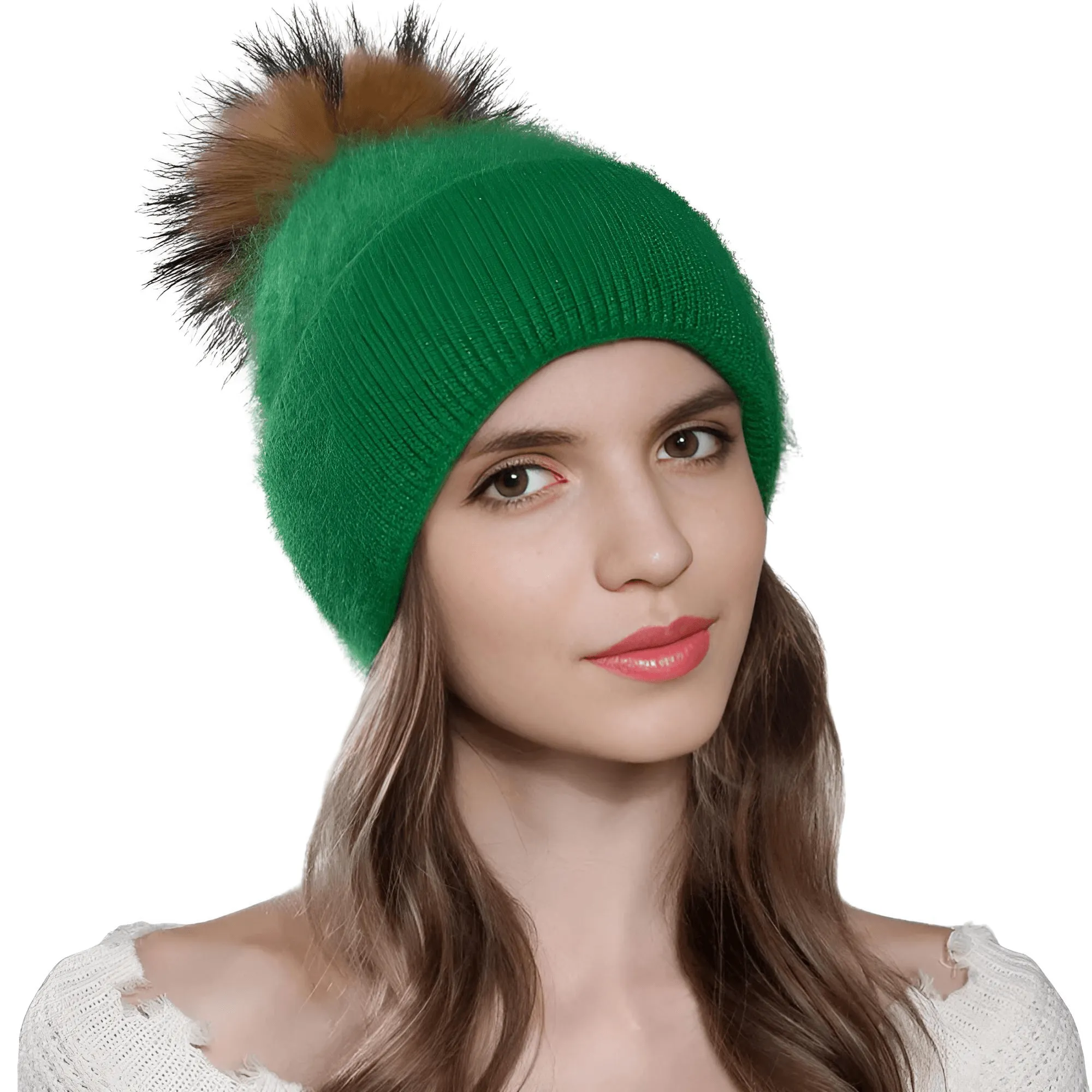 Natural Raccoon Fur Pompom Rabbit Fur Women's Angora Fur Hat Bonnet Women's Winter Hats