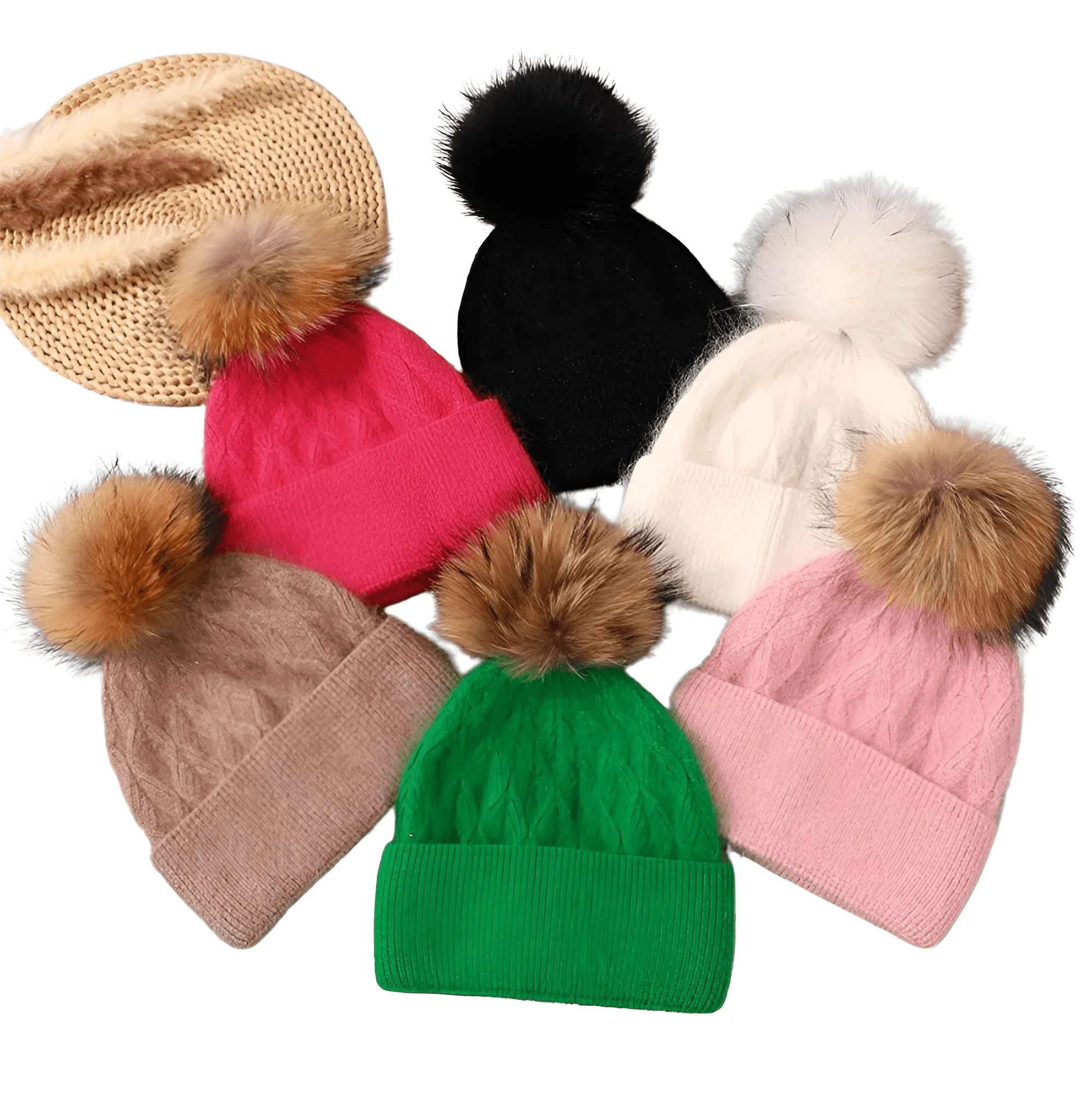 Natural Raccoon Fur Pompom Rabbit Fur Women's Angora Fur Hat Bonnet Women's Winter Hats